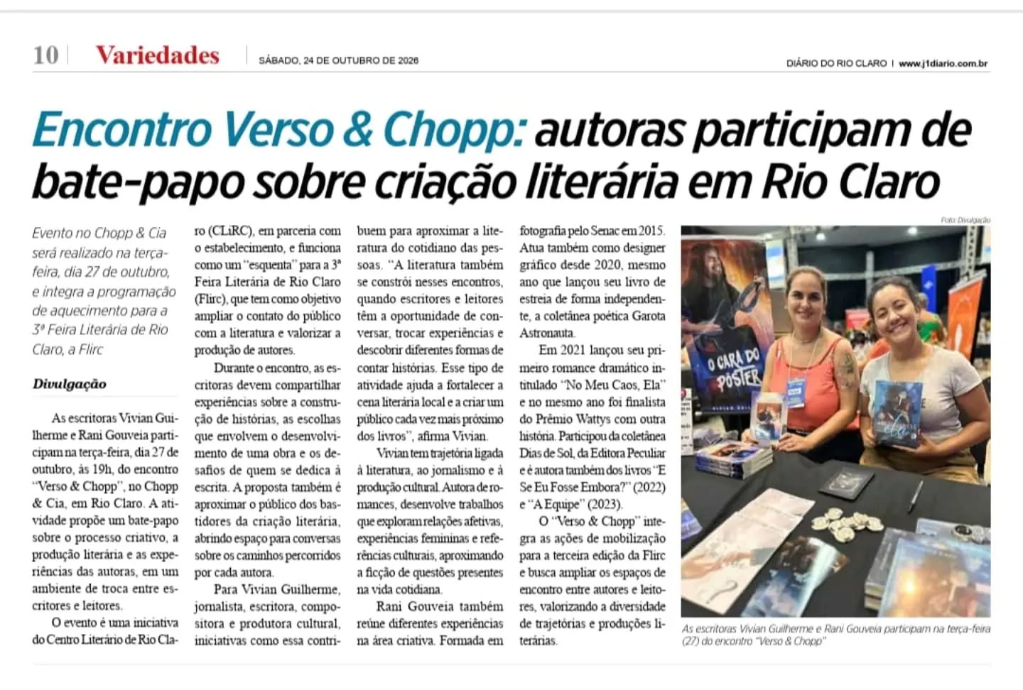 Encontro Verso & Chopp: autoras participam de bate-papo sobre criação literária em Rio Claro