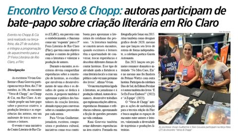 Encontro Verso & Chopp: autoras participam de bate-papo sobre criação literária em Rio Claro